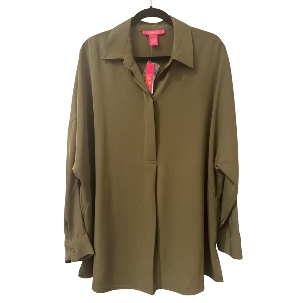 Catherine Malandrino Olive Green Drop Shoulder Dressy Tunic Blouse 2X Workwear